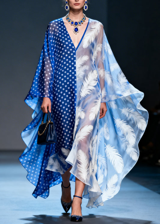 Elegant Colorblock V Neck Print Patchwork Chiffon Dress Summer