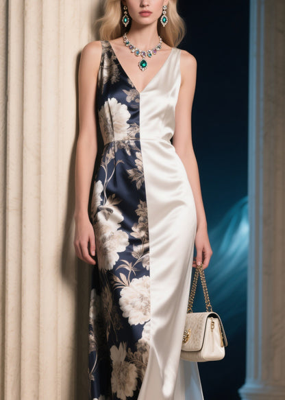 Elegant Colorblock V Neck Print Silk Long Dresses Summer