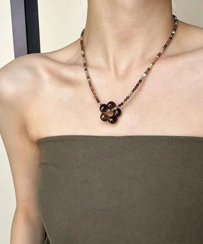 Elegant Colored Glass Natural Stone Flower Beading Pendant Choker