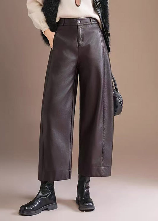 Elegant Dark Coffee Pockets High Waist Faux Leather Straight Leg Crop Pants Fall