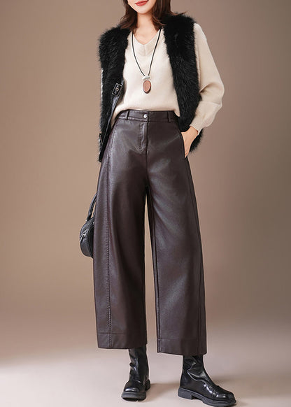 Elegant Dark Coffee Pockets High Waist Faux Leather Straight Leg Crop Pants Fall