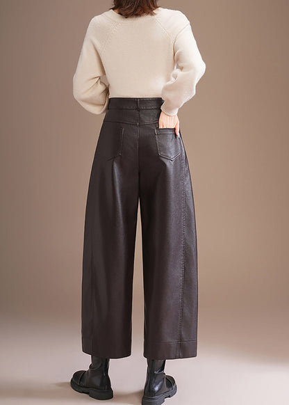 Elegant Dark Coffee Pockets High Waist Faux Leather Straight Leg Crop Pants Fall
