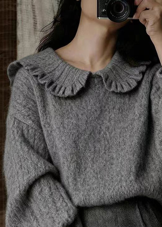 Elegant Dark Gray Peter Pan Collar Cozy Knit Sweater Winter