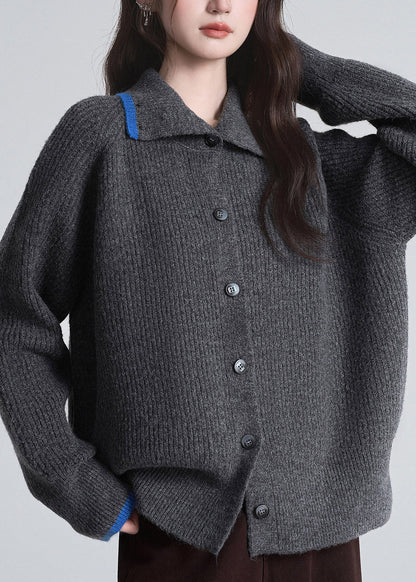 Elegant Dark Grey Stand Collar Patchwork Cotton Knit Cardigan Fall