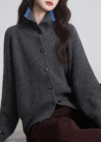 Elegant Dark Grey Stand Collar Patchwork Cotton Knit Cardigan Fall