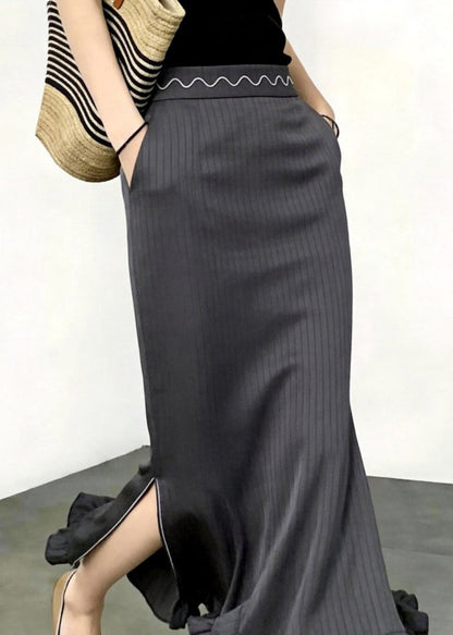 Elegant Dark Grey Striped High Waist Pockets Ruffled Side Open Mermaid Skirts Fall