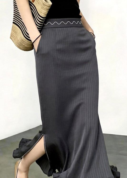 Elegant Dark Grey Striped High Waist Pockets Ruffled Side Open Mermaid Skirts Fall