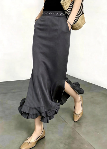 Elegant Dark Grey Striped High Waist Pockets Ruffled Side Open Mermaid Skirts Fall