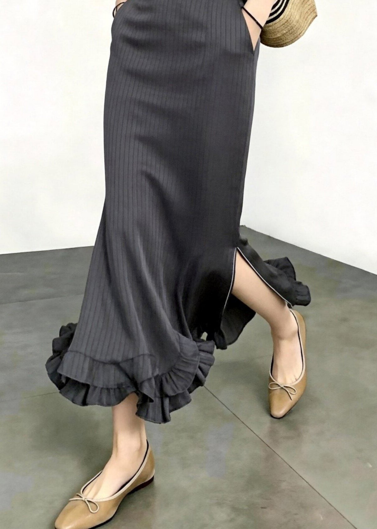 Elegant Dark Grey Striped High Waist Pockets Ruffled Side Open Mermaid Skirts Fall