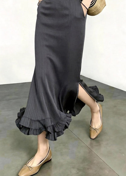 Elegant Dark Grey Striped High Waist Pockets Ruffled Side Open Mermaid Skirts Fall