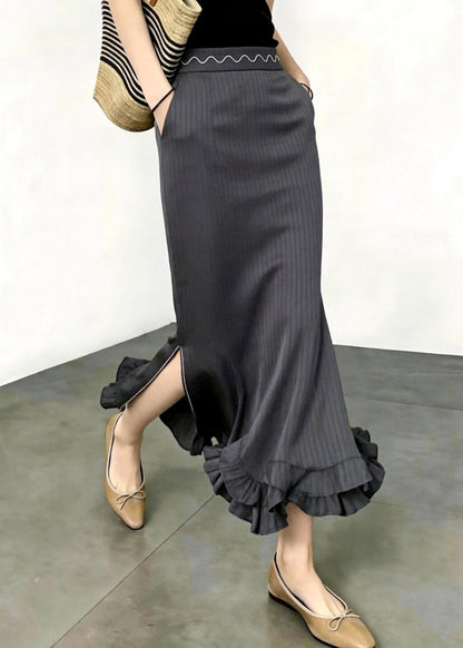 Elegant Dark Grey Striped High Waist Pockets Ruffled Side Open Mermaid Skirts Fall