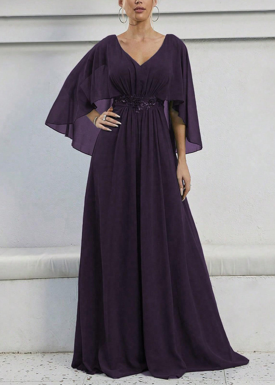 Elegant Dark Purple Sequins High Waist Maxi Dress Batwing Sleeve