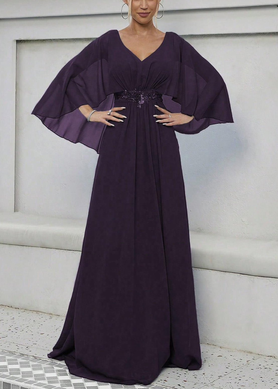 Elegant Dark Purple Sequins High Waist Maxi Dress Batwing Sleeve