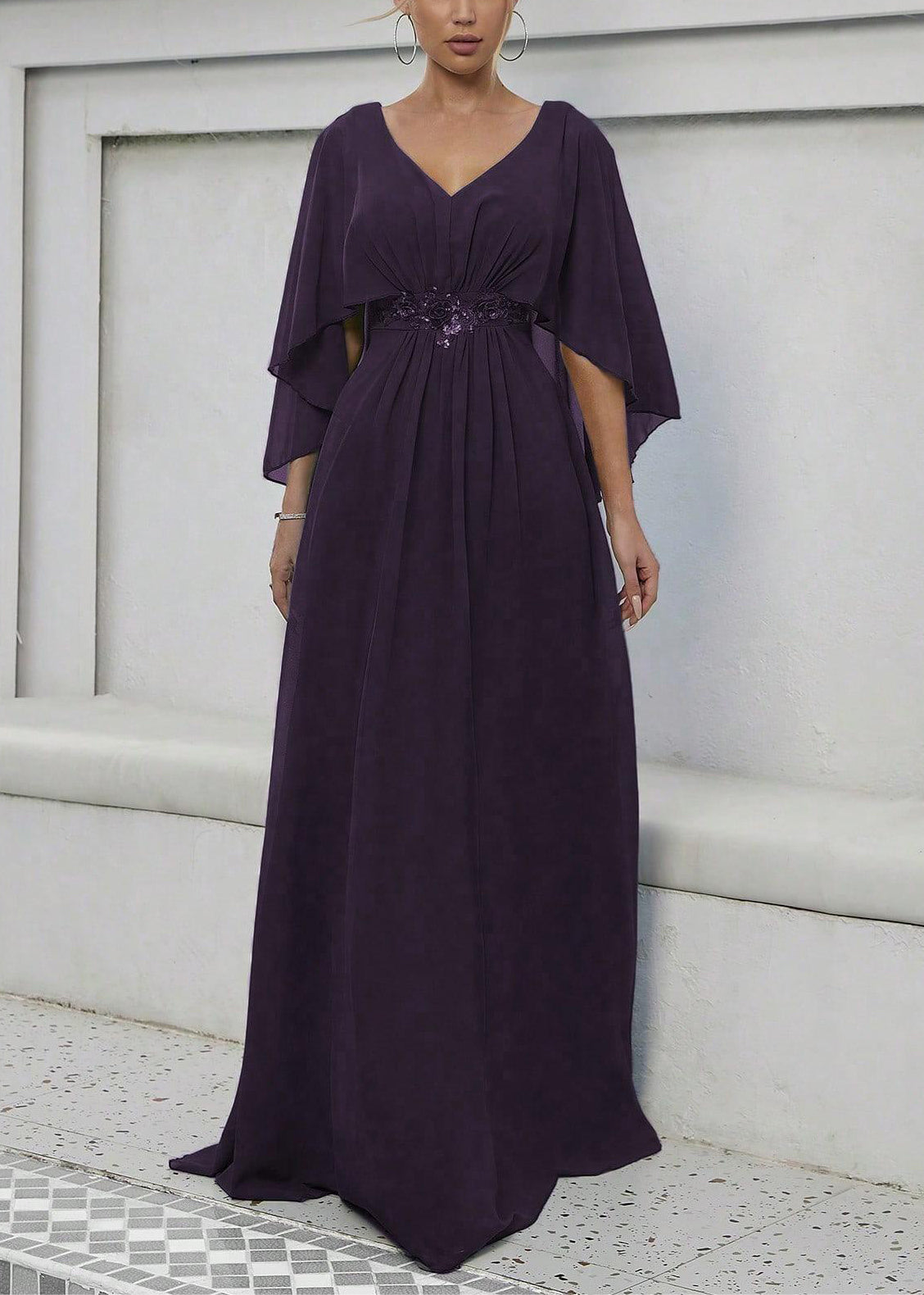 Elegant Dark Purple Sequins High Waist Maxi Dress Batwing Sleeve