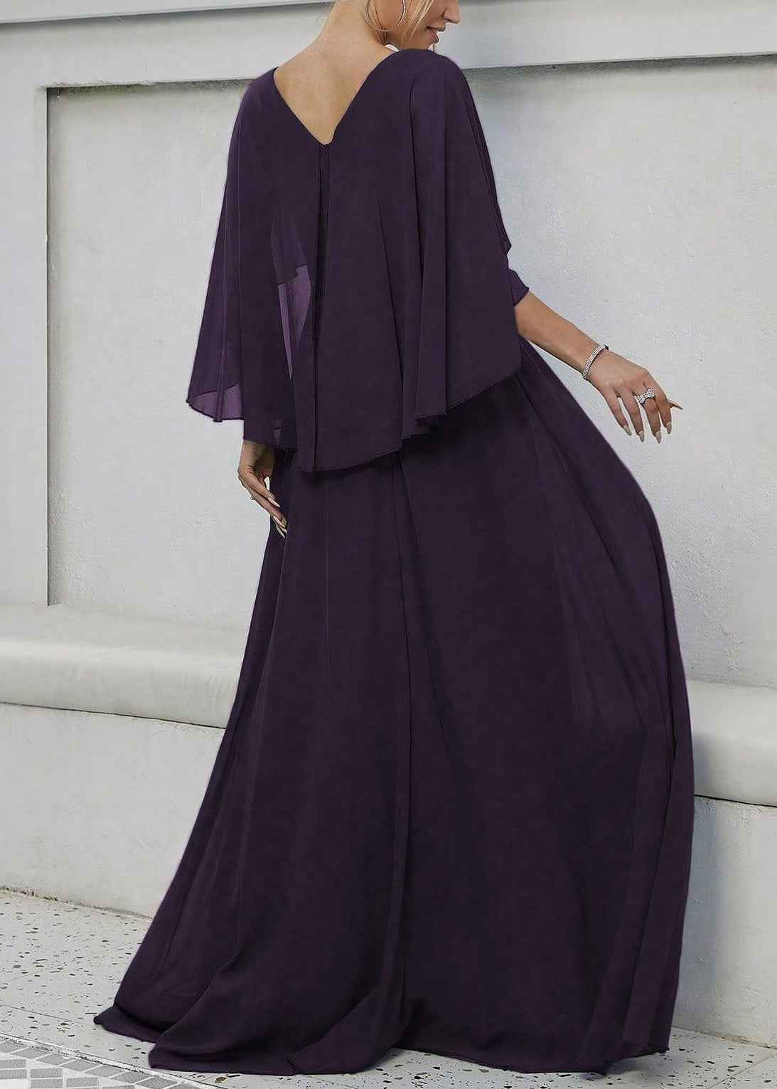 Elegant Dark Purple Sequins High Waist Maxi Dress Batwing Sleeve