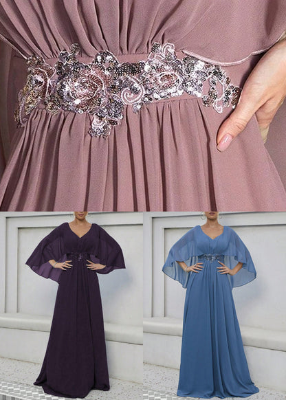 Elegant Dark Purple Sequins High Waist Maxi Dress Batwing Sleeve