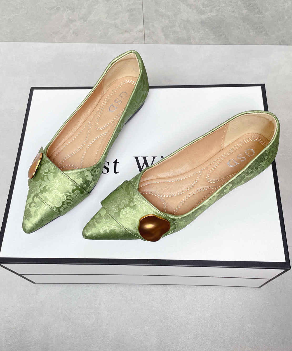Elegant Flat Shoes Green Print Faux Leather Pointed Toe