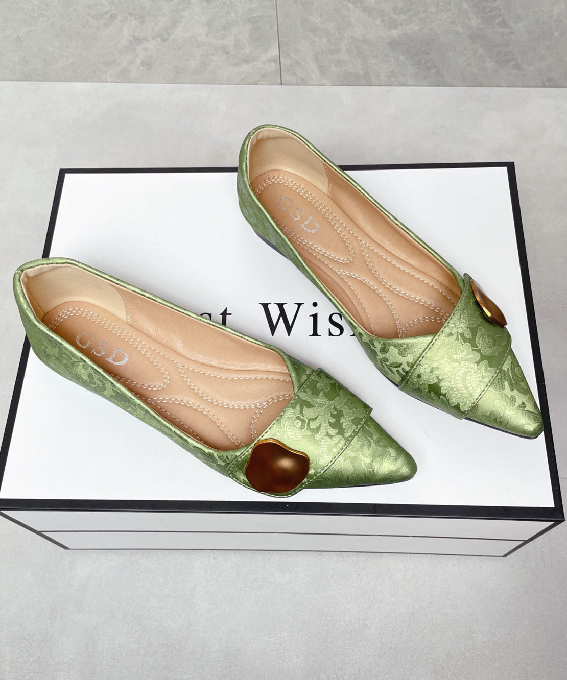 Elegant Flat Shoes Green Print Faux Leather Pointed Toe