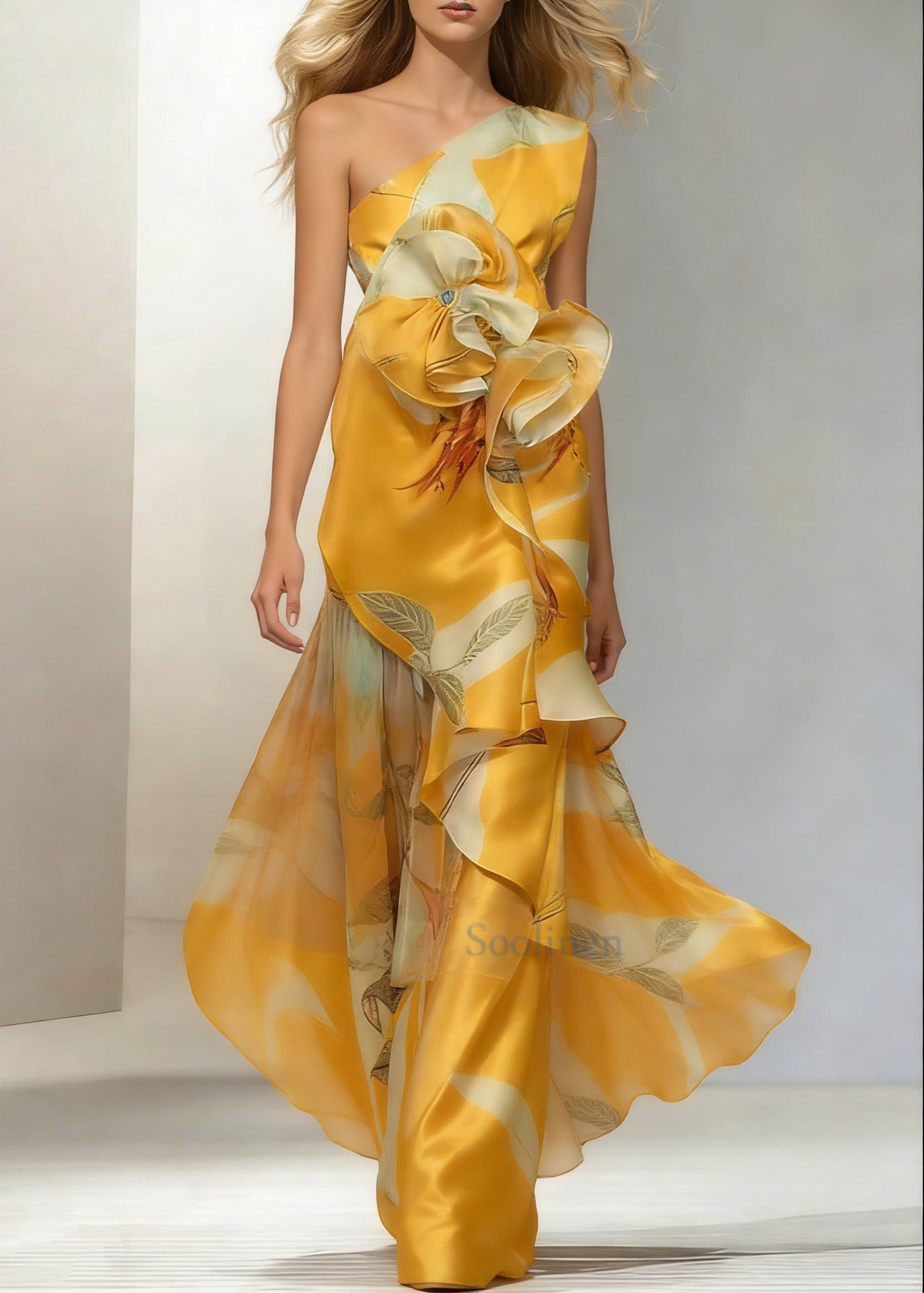Elegant Floral Flounce Oblique Collar Evening Dresses