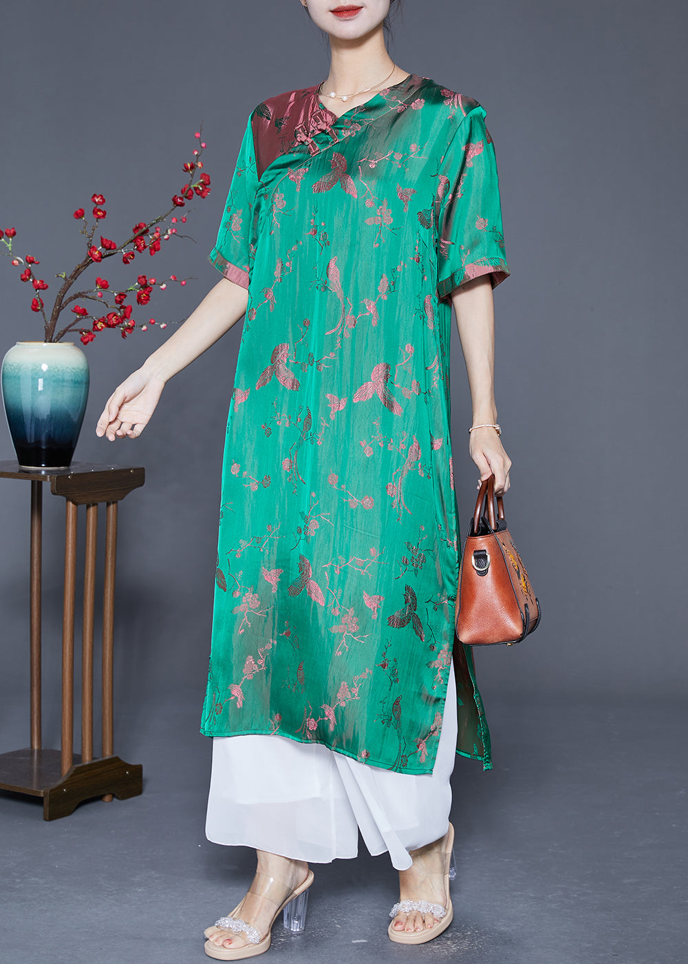 Elegant Fluorescent Green Chinese Button Jacquard Silk Dresses Summer