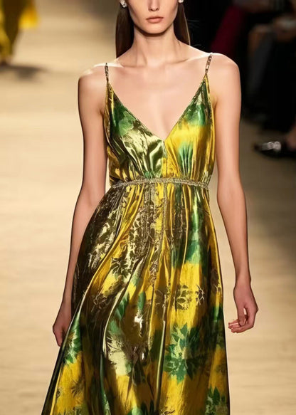 Elegant Fluorescent Green Print Silk Vestidos Dress Summer