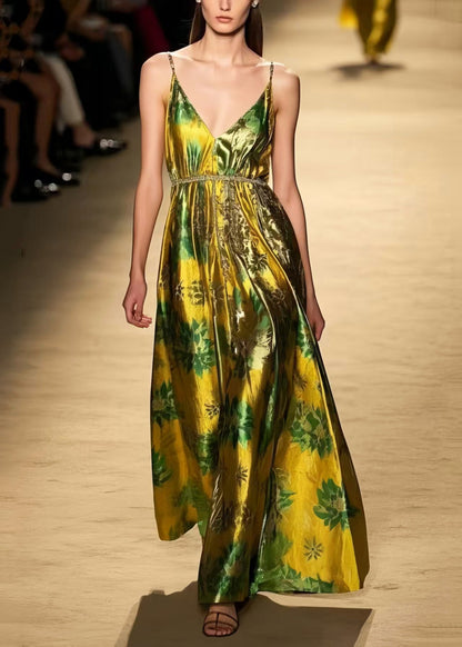 Elegant Fluorescent Green Print Silk Vestidos Dress Summer