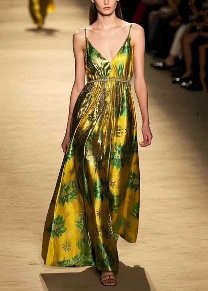 Elegant Fluorescent Green Print Silk Vestidos Dress Summer