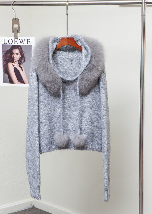 Elegant Fox Collar Fuzzy Ball Decorated Warm Knit Sweater Winter