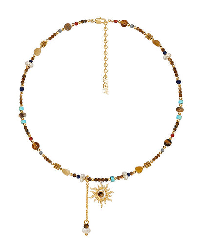 Elegant Gold Copper Allopy Pearl Agate Tiger's Eye Stone Pendant Necklace