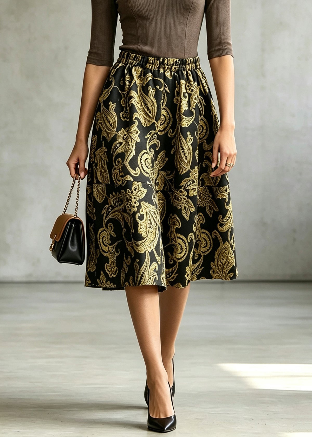Elegant Gold Elastic Waist Jacquard Patchwork Cotton Skirt Fall
