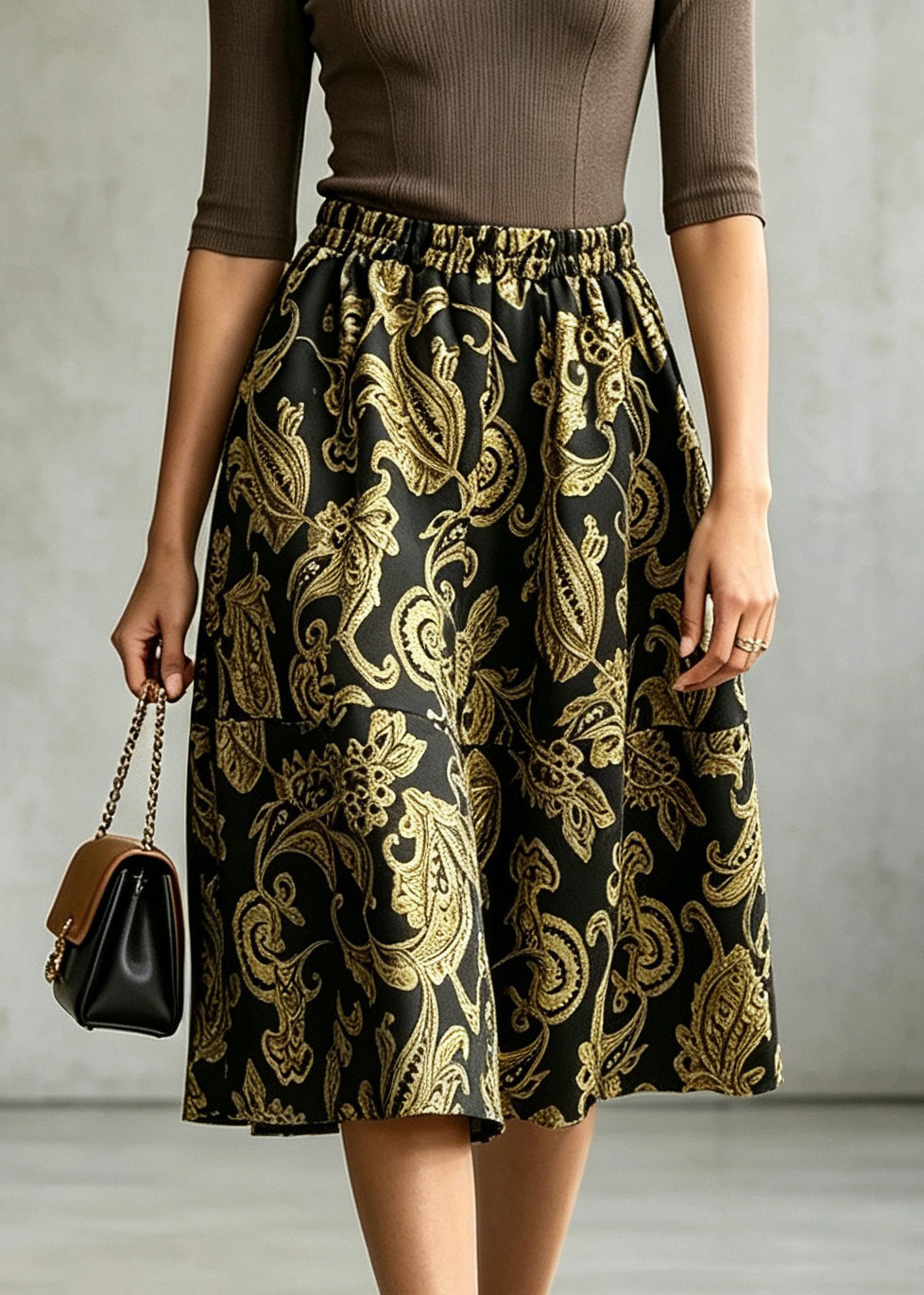 Elegant Gold Elastic Waist Jacquard Patchwork Cotton Skirt Fall