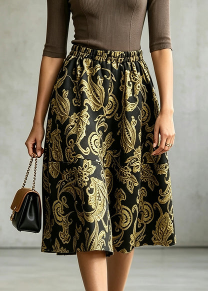 Elegant Gold Elastic Waist Jacquard Patchwork Cotton Skirt Fall