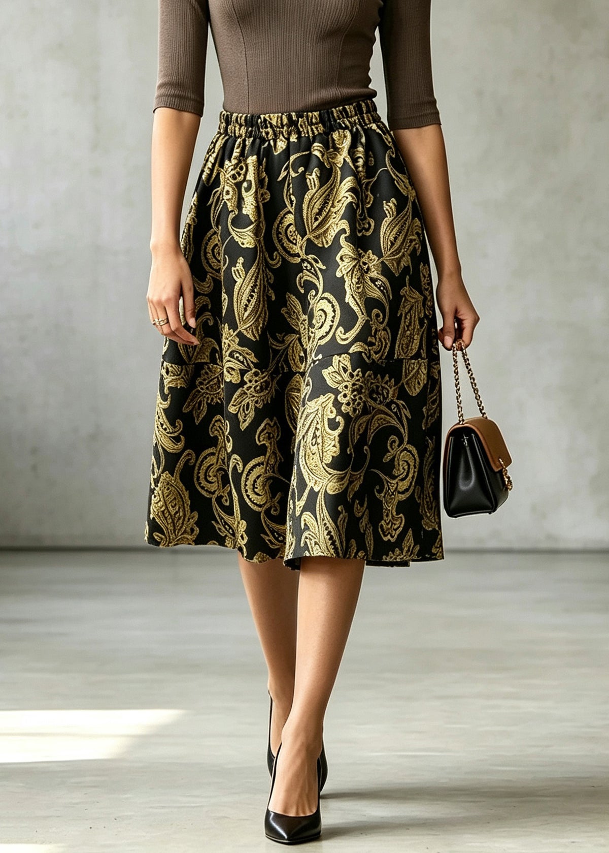 Elegant Gold Elastic Waist Jacquard Patchwork Cotton Skirt Fall