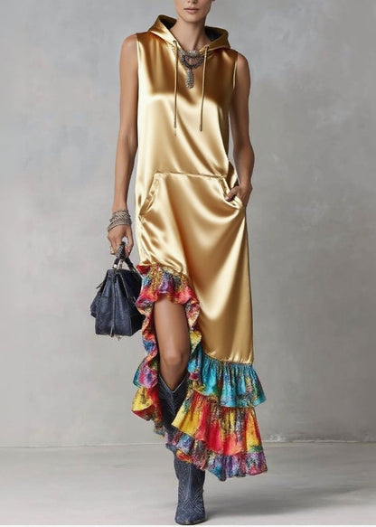 Elegant Golden Asymmetrical Patchwork Ruffles Silk Hooded Dresses Sleeveless
