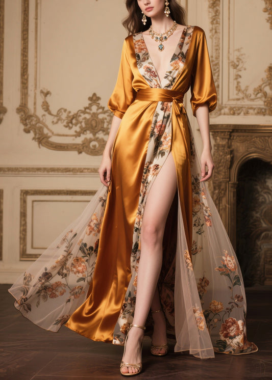 Elegant Golden Tunic Patchwork Side Open Silk Party Dresses Summer
