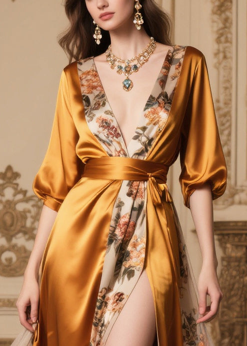 Elegant Golden Tunic Patchwork Side Open Silk Party Dresses Summer