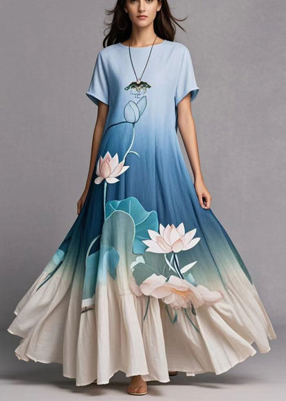 Elegant Gradient Blue Lotus Print Exra Large Hem Cotton Dress Summer