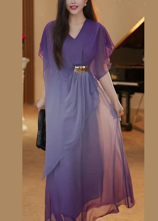 Elegant Gradient Color Asymmetrical High Waist Chiffon Long Dress Summer