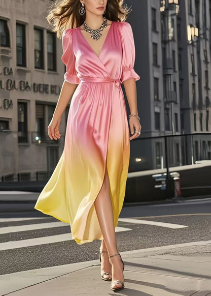 Elegant Gradient Color Cinched Draping Silk Day Dress Summer