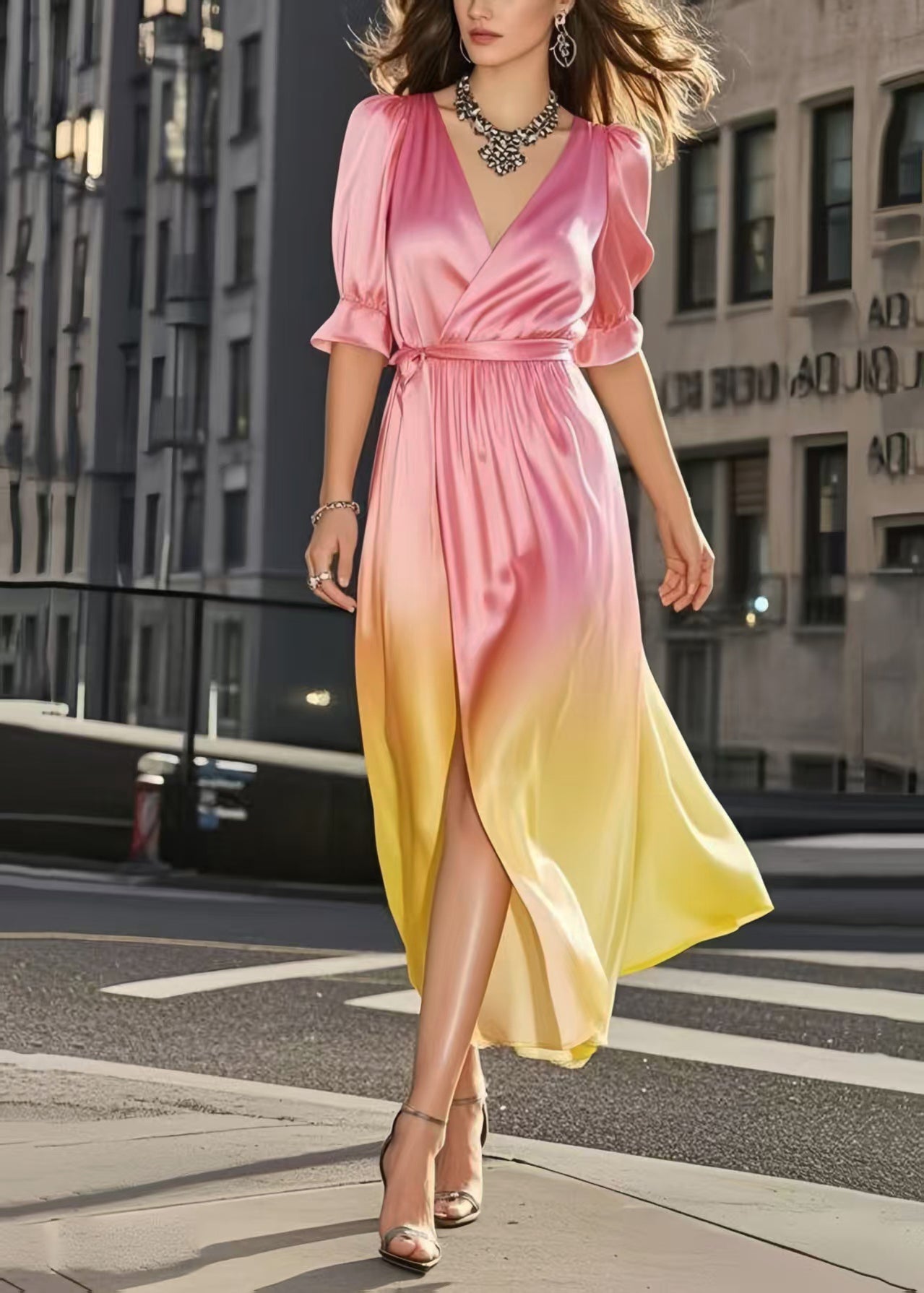 Elegant Gradient Color Cinched Draping Silk Day Dress Summer