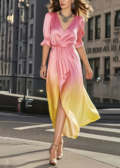 Elegant Gradient Color Cinched Draping Silk Day Dress Summer