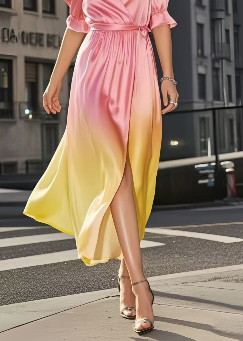 Elegant Gradient Color Cinched Draping Silk Day Dress Summer