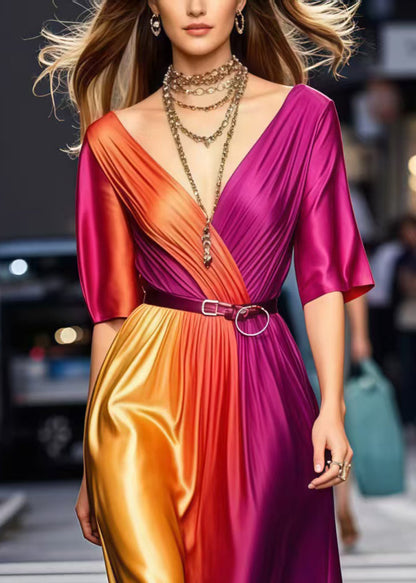 Elegant Gradient Color Cinched Tie Dye Silk Dress Summer1