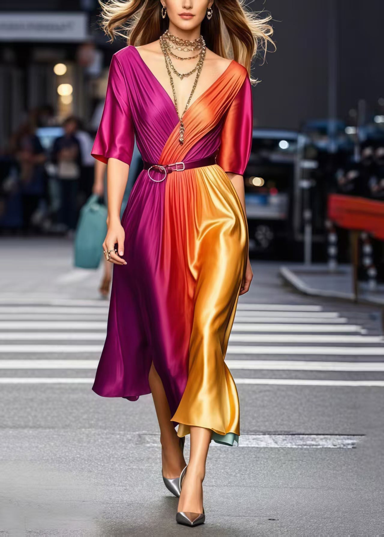 Elegant Gradient Color Cinched Tie Dye Silk Dress Summer1