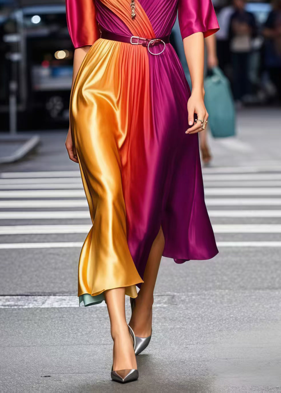 Elegant Gradient Color Cinched Tie Dye Silk Dress Summer1