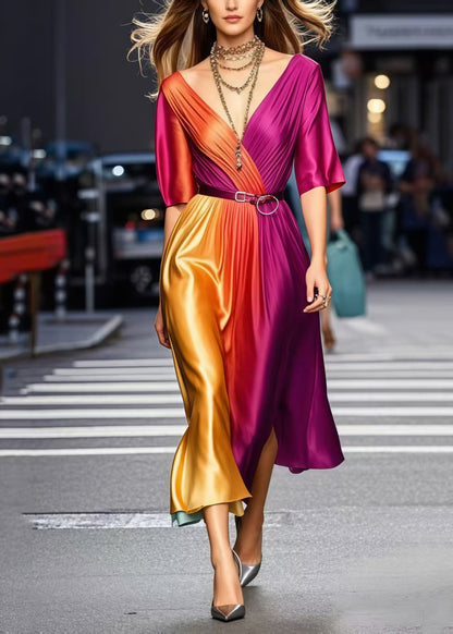 Elegant Gradient Color Cinched Tie Dye Silk Dress Summer