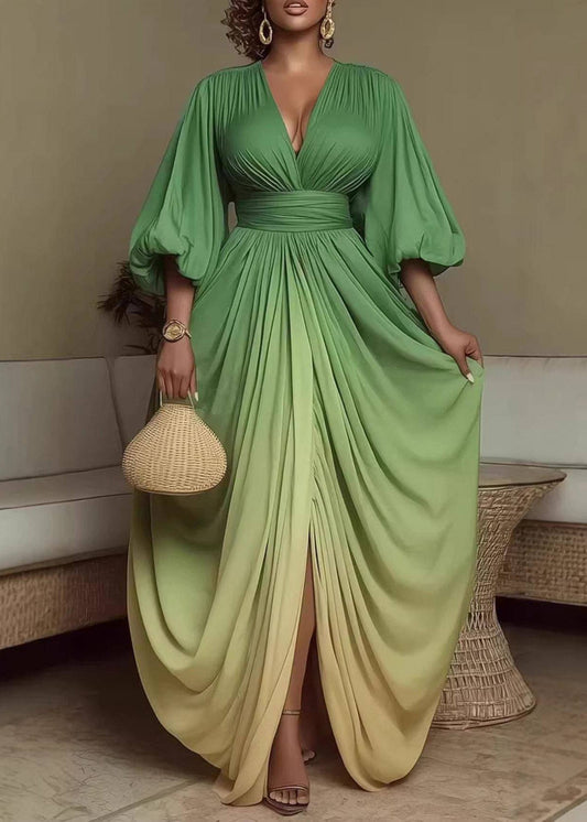 Elegant Gradient Color Green Asymmetrical  Dress Puff Sleeve