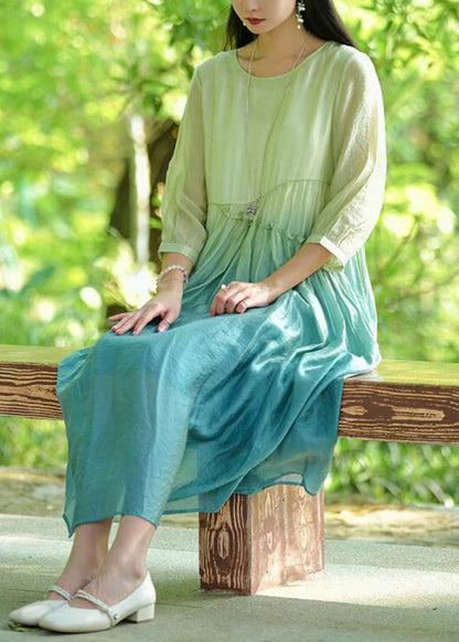 Elegant Gradient Color O-Neck Ruffled Cotton Long Dresses Bracelet Sleeve