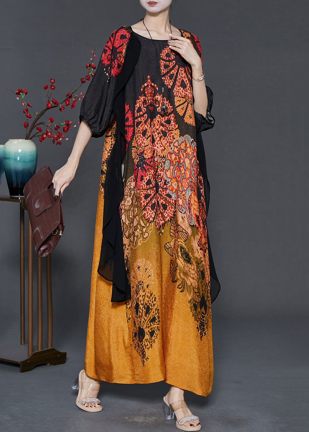 Elegant Gradient Color Print Patchwork Silk Long Dress Summer