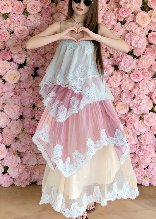 Elegant Gradient Pink Patchwork Lace Holiday Cami Dress Summer